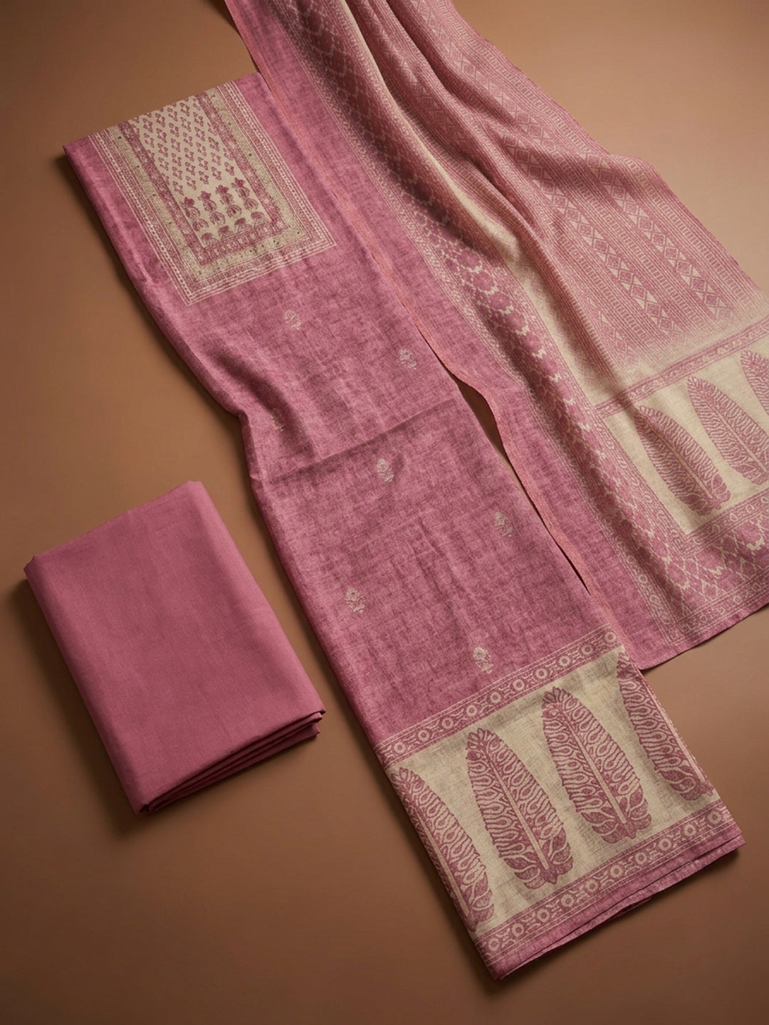 Onion Pink Printed Chanderi Unstitched Dress Material