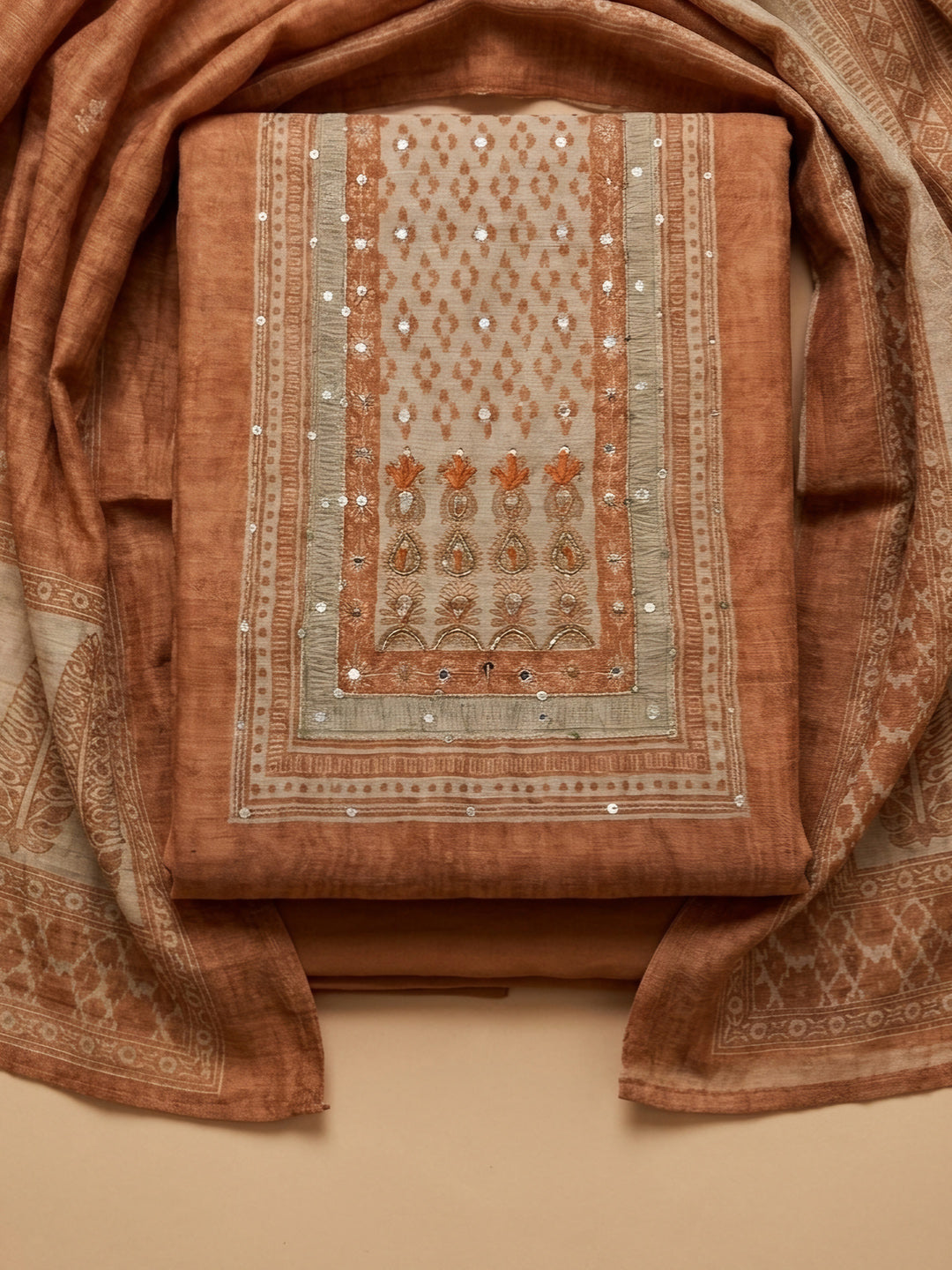 Rust Printed Chanderi Unstitched Dress Material