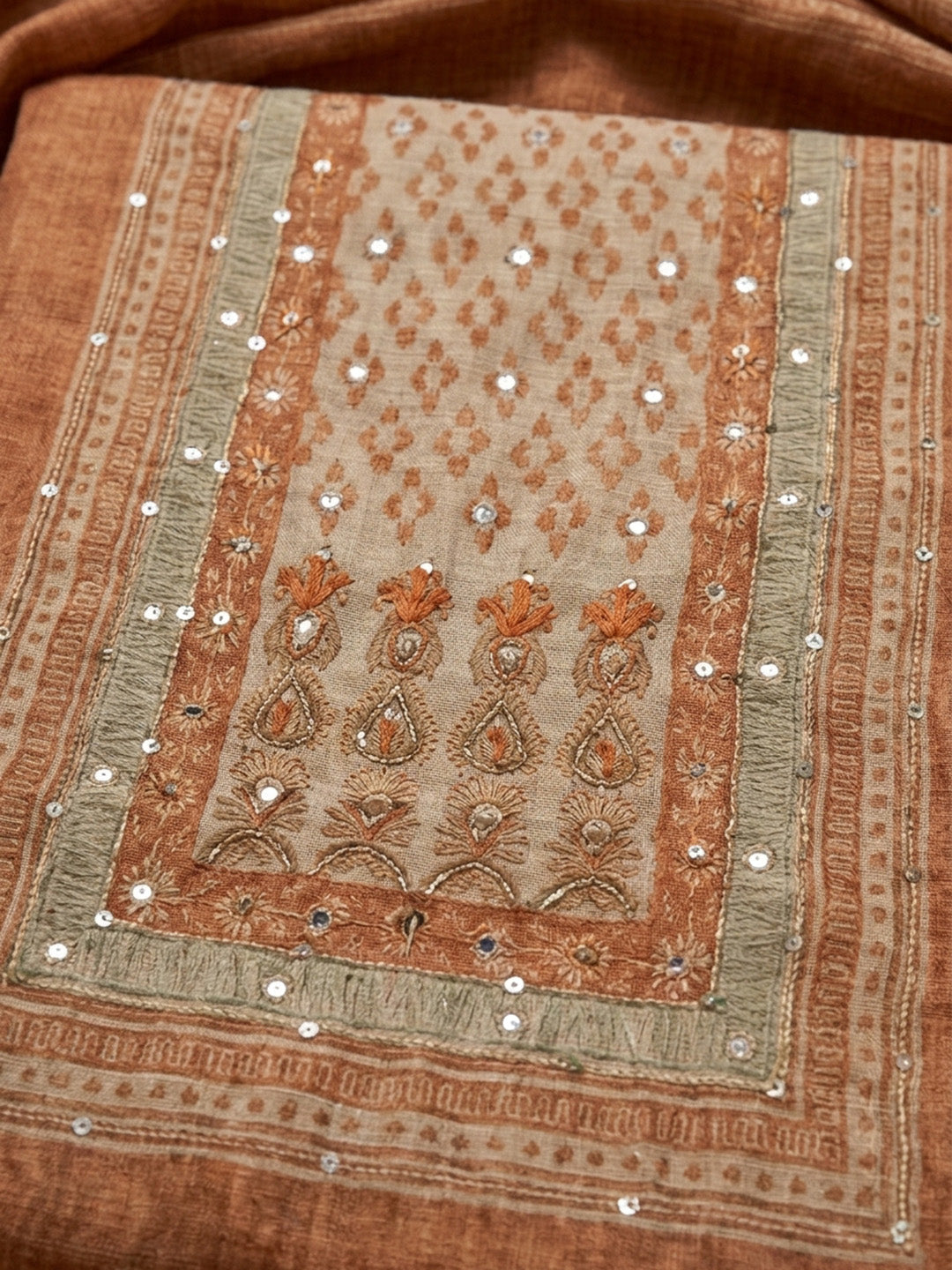 Rust Printed Chanderi Unstitched Dress Material