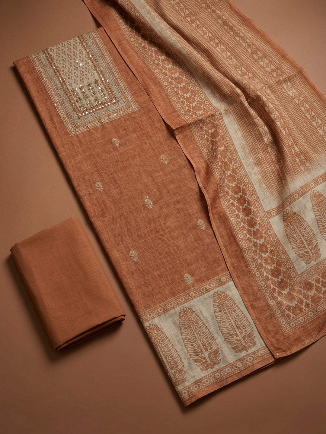 Rust Printed Chanderi Unstitched Dress Material