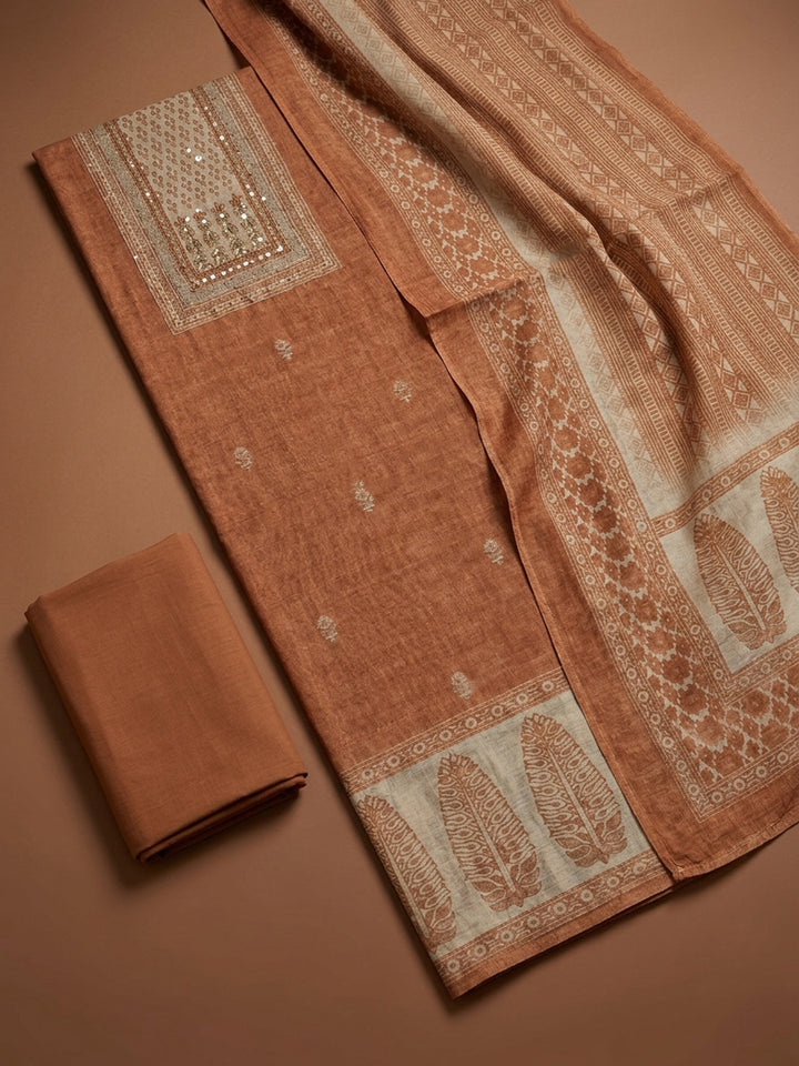 Rust Printed Chanderi Unstitched Dress Material