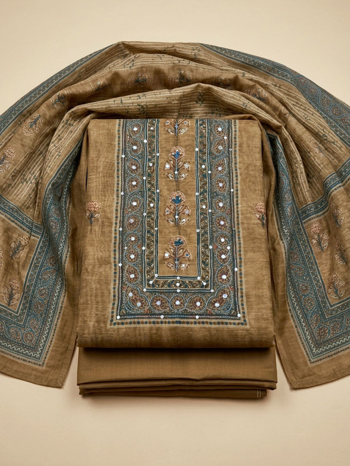 Beige Printed Chanderi Unstitched Dress Material