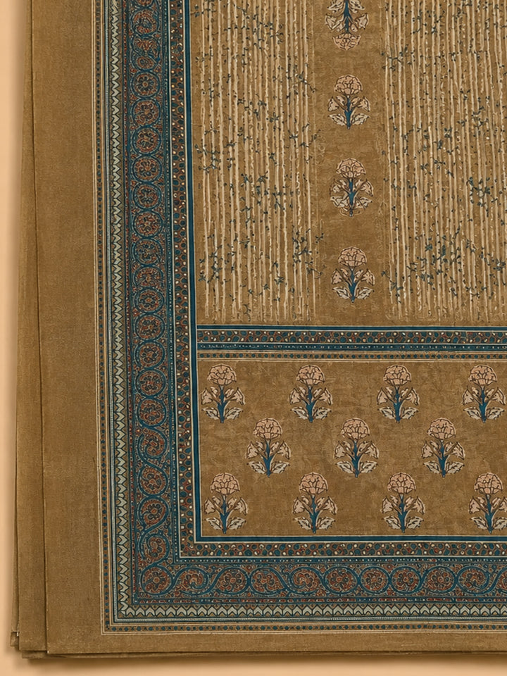 Beige Printed Chanderi Unstitched Dress Material