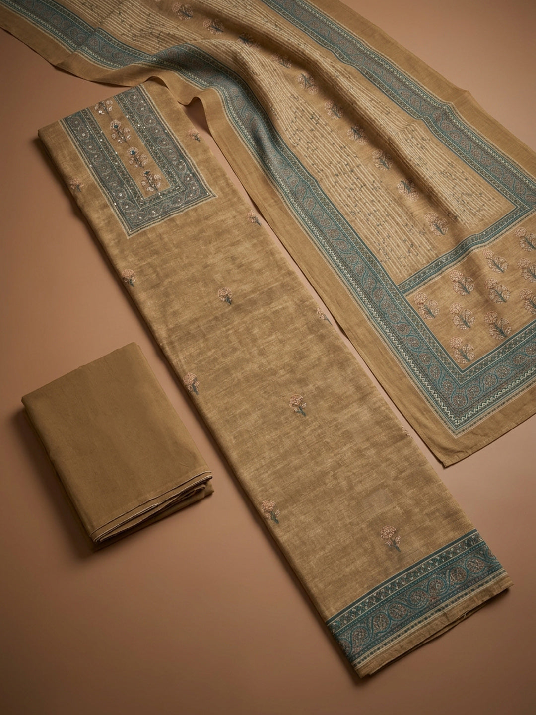 Beige Printed Chanderi Unstitched Dress Material