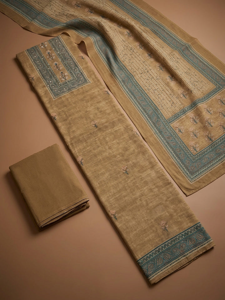 Beige Printed Chanderi Unstitched Dress Material