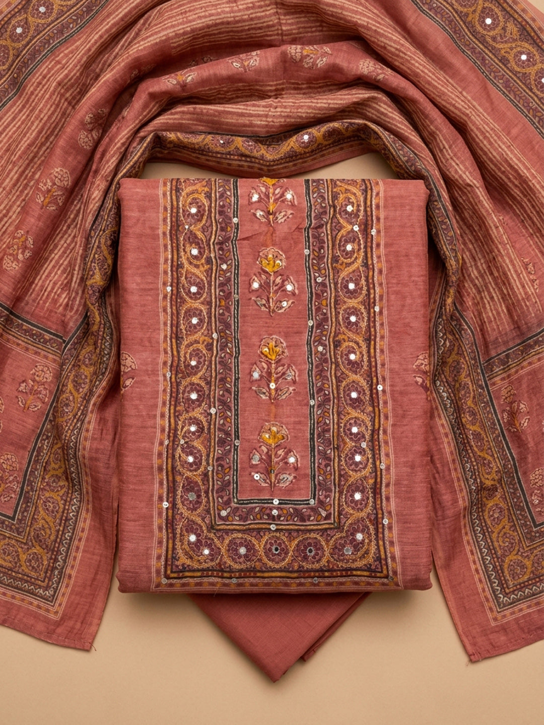 Pink Printed Chanderi Unstitched Dress Material