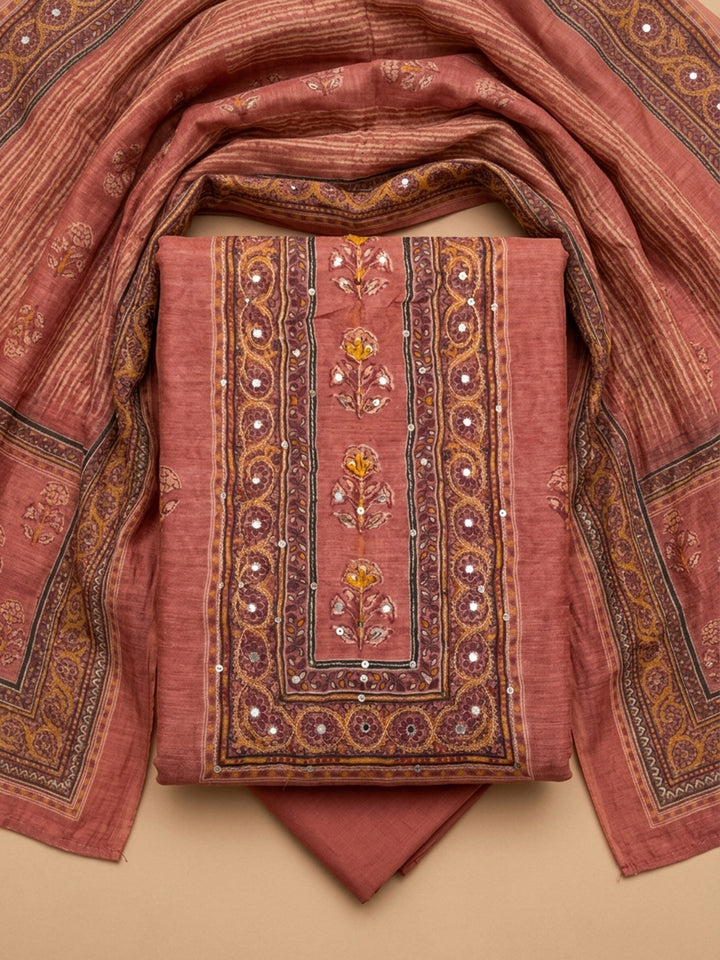 Pink Printed Chanderi Unstitched Dress Material