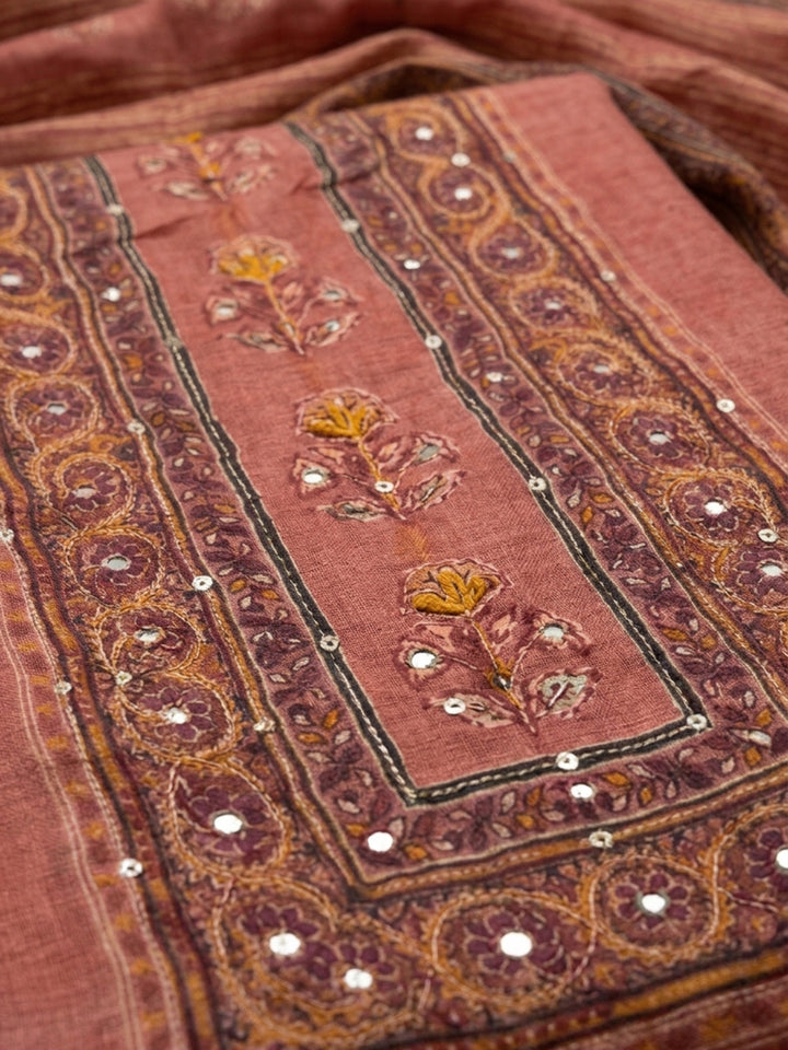 Pink Printed Chanderi Unstitched Dress Material