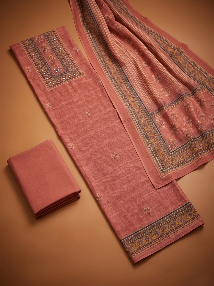 Pink Printed Chanderi Unstitched Dress Material