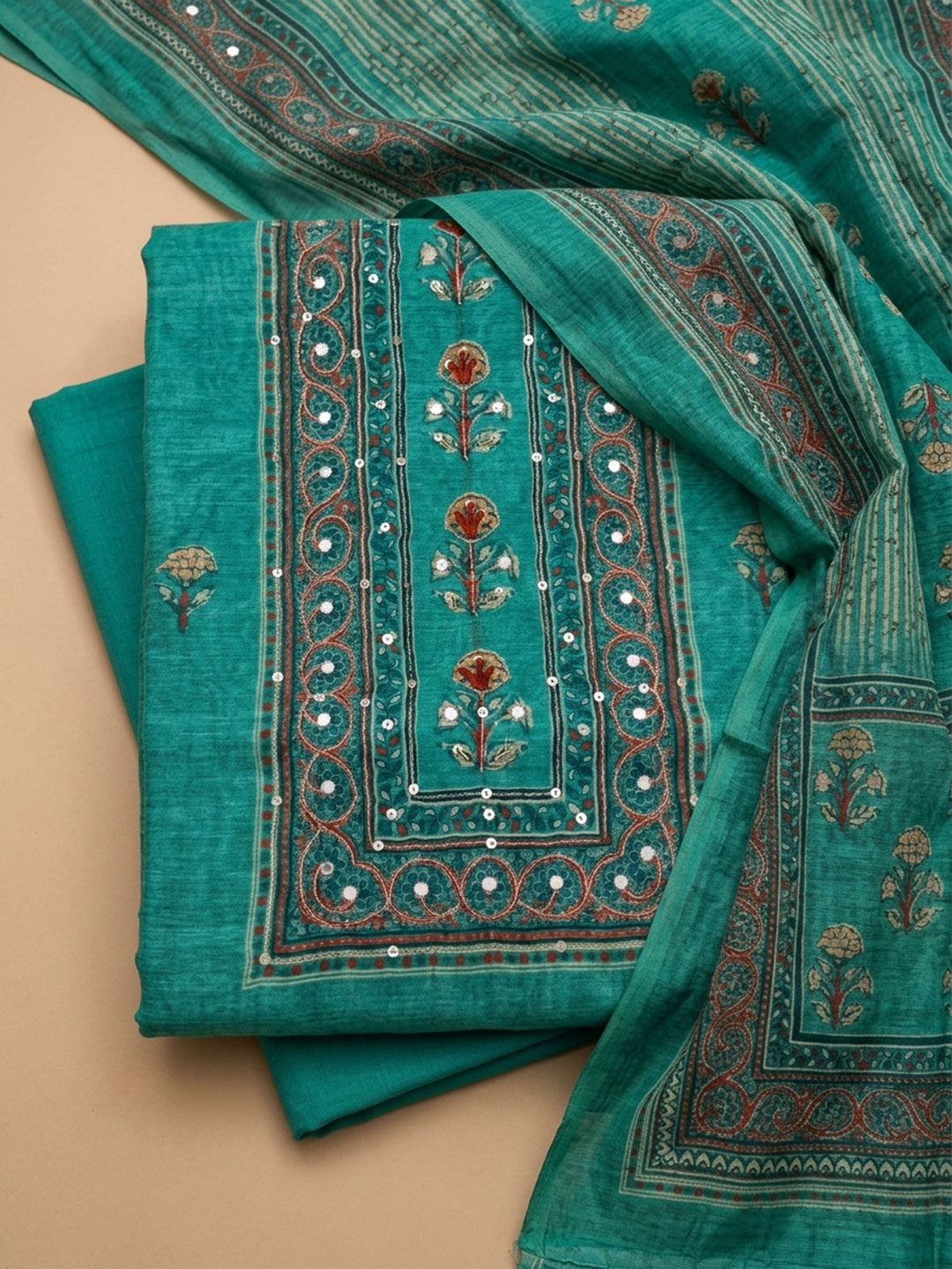 Rama Green Printed Chanderi Unstitched Dress Material