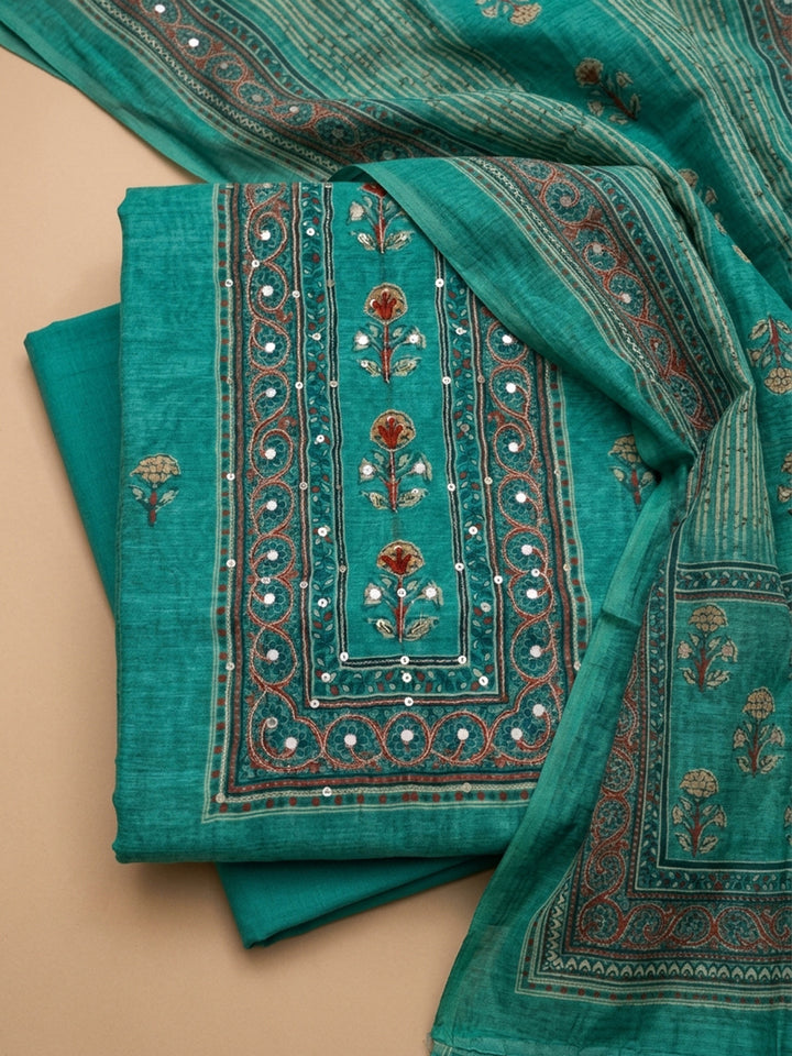 Rama Green Printed Chanderi Unstitched Dress Material