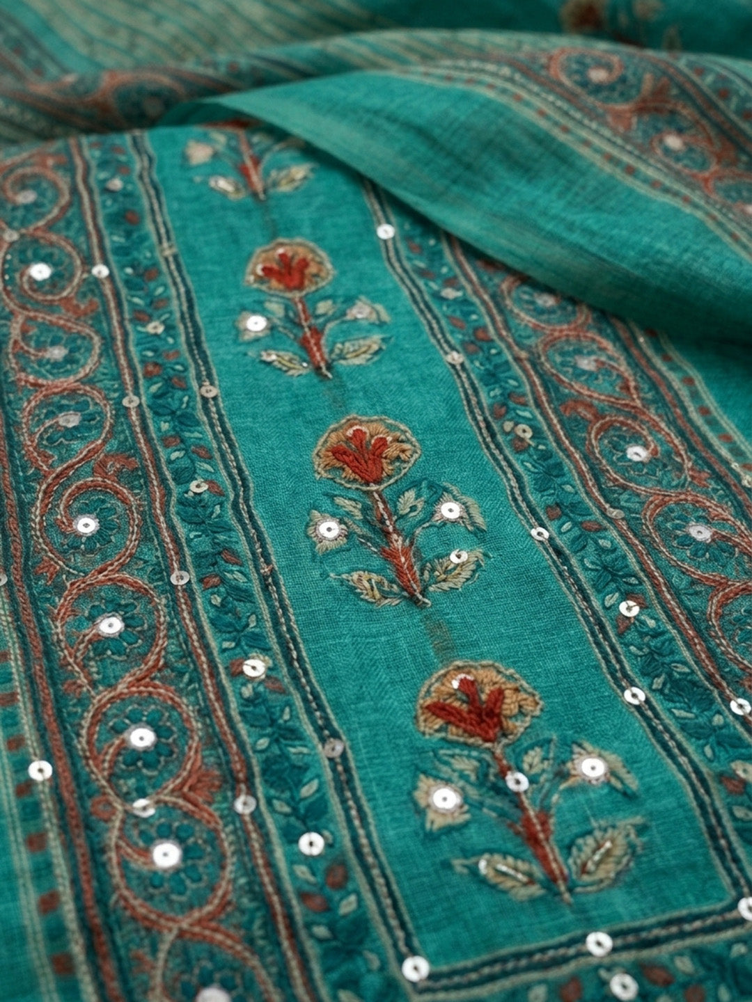 Rama Green Printed Chanderi Unstitched Dress Material