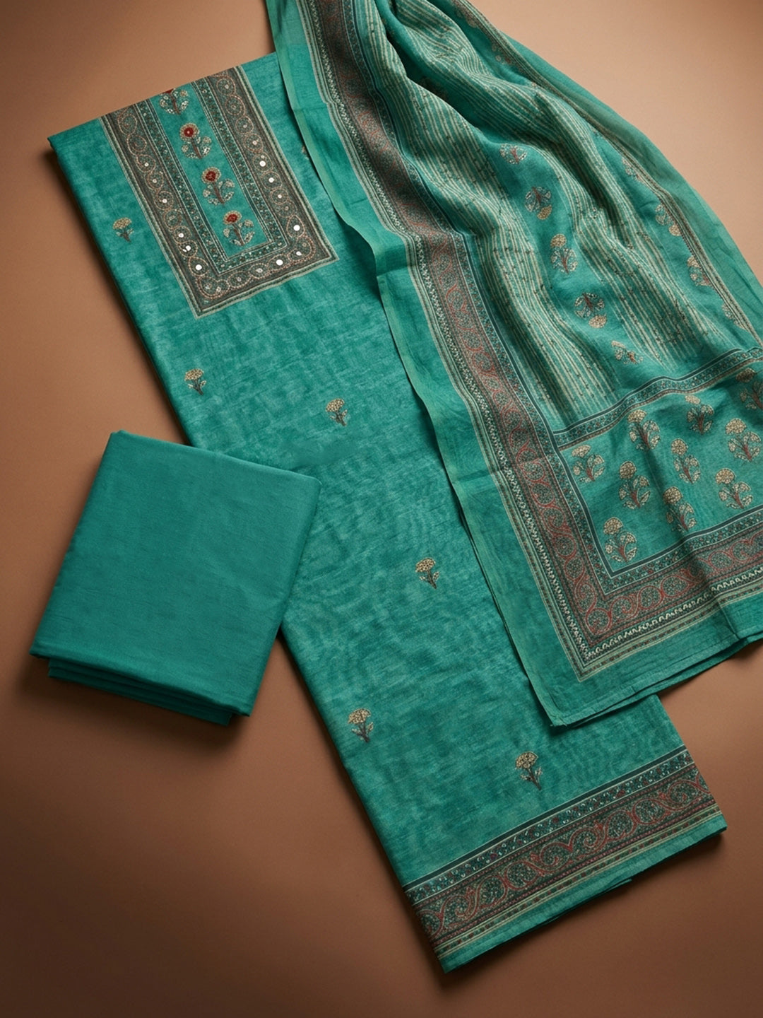 Rama Green Printed Chanderi Unstitched Dress Material