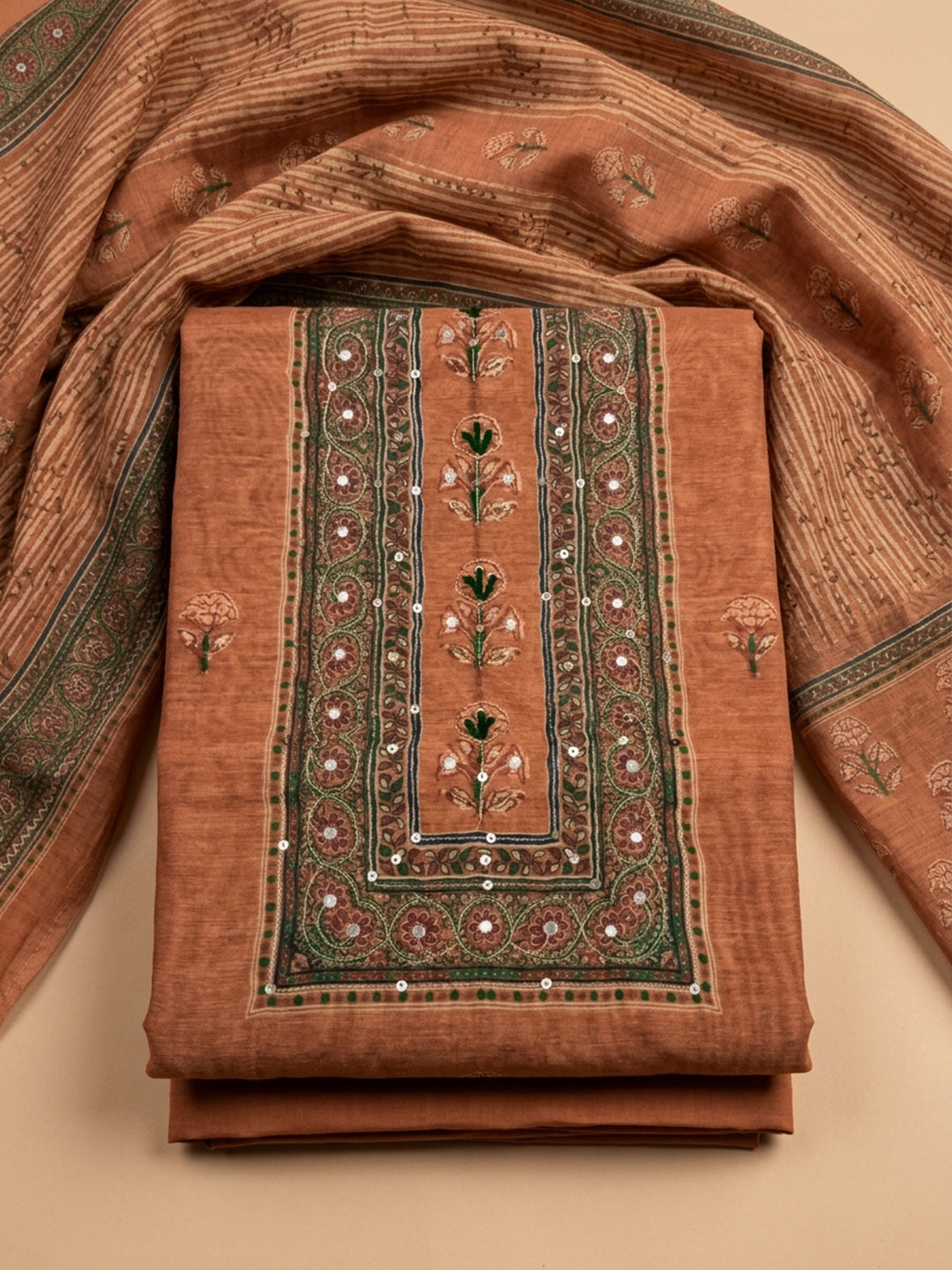 Rust Printed Chanderi Unstitched Dress Material