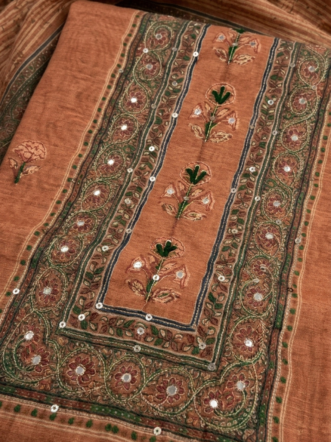 Rust Printed Chanderi Unstitched Dress Material