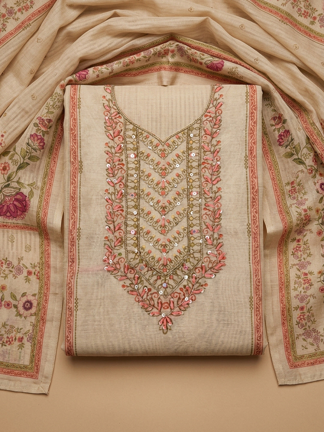 Beige Embroidery Chanderi Unstitched Dress Material