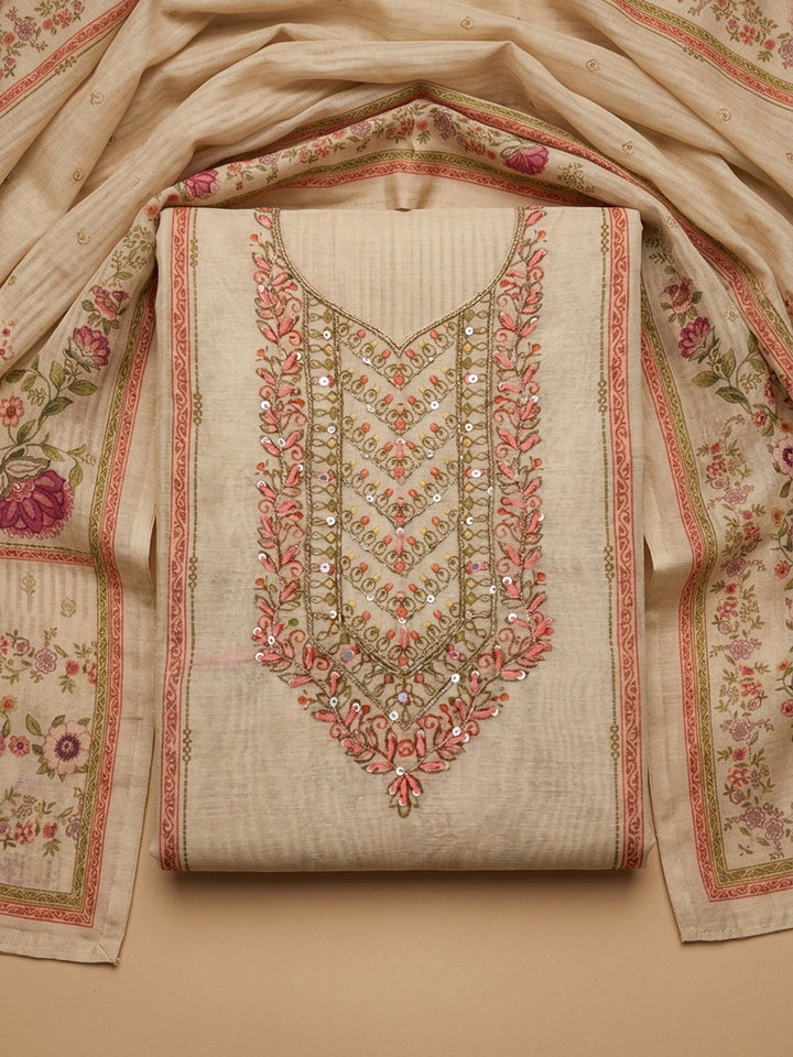 Beige Embroidery Chanderi Unstitched Dress Material