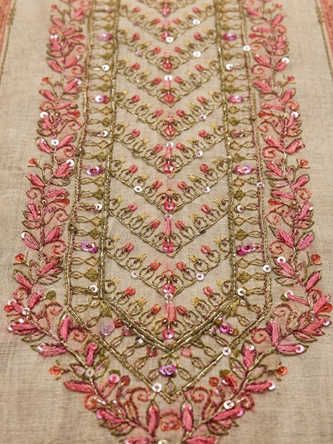 Beige Embroidery Chanderi Unstitched Dress Material
