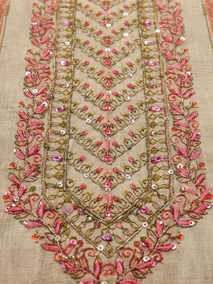 Beige Embroidery Chanderi Unstitched Dress Material