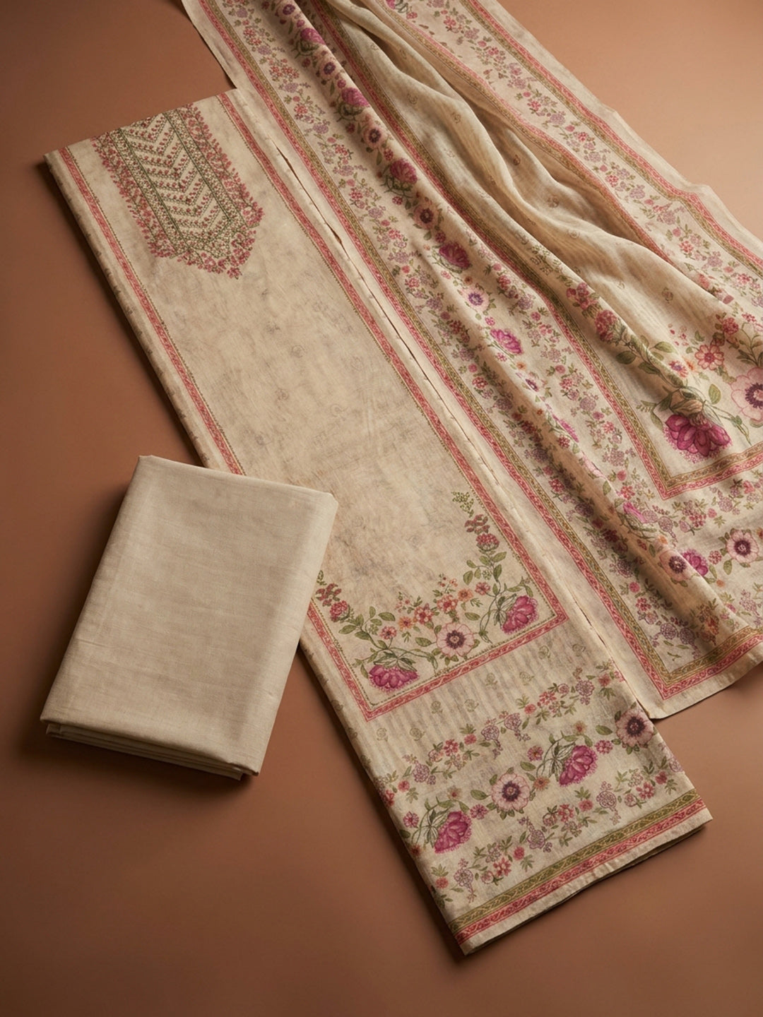 Beige Embroidery Chanderi Unstitched Dress Material