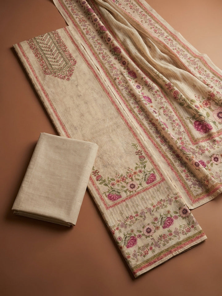 Beige Embroidery Chanderi Unstitched Dress Material