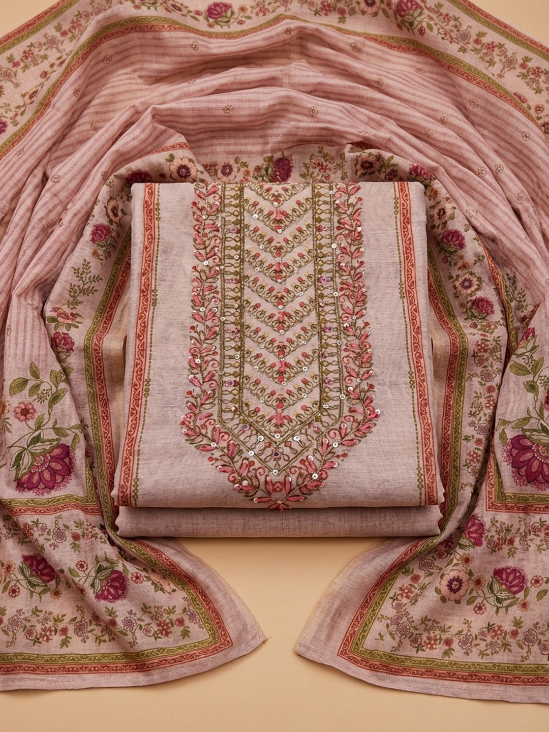 Peach Embroidery Chanderi Unstitched Dress Material