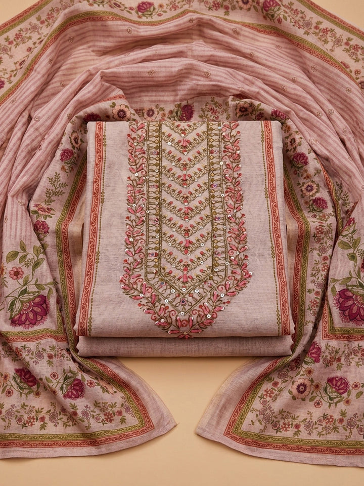 Peach Embroidery Chanderi Unstitched Dress Material