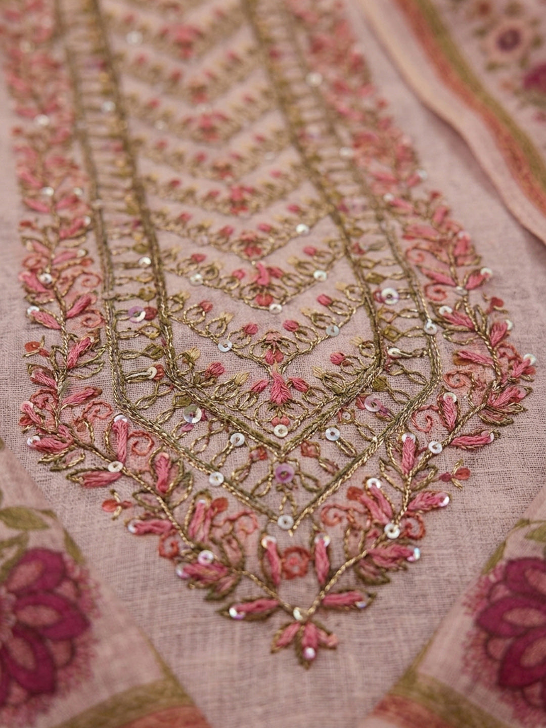 Peach Embroidery Chanderi Unstitched Dress Material