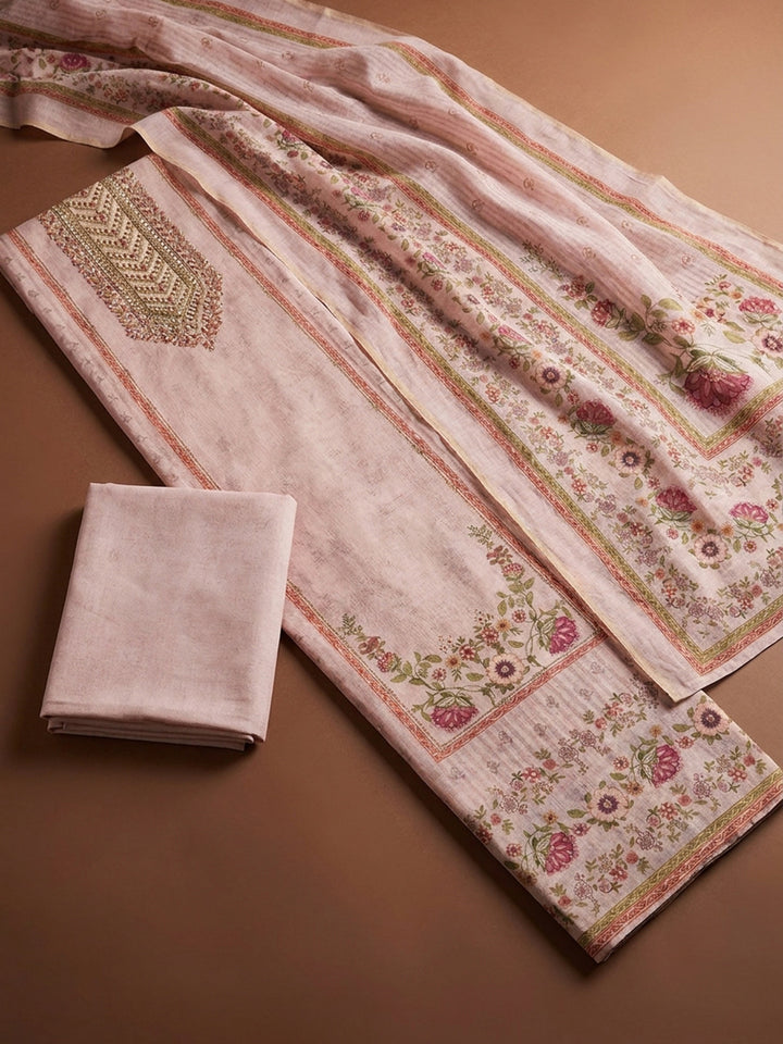 Peach Embroidery Chanderi Unstitched Dress Material