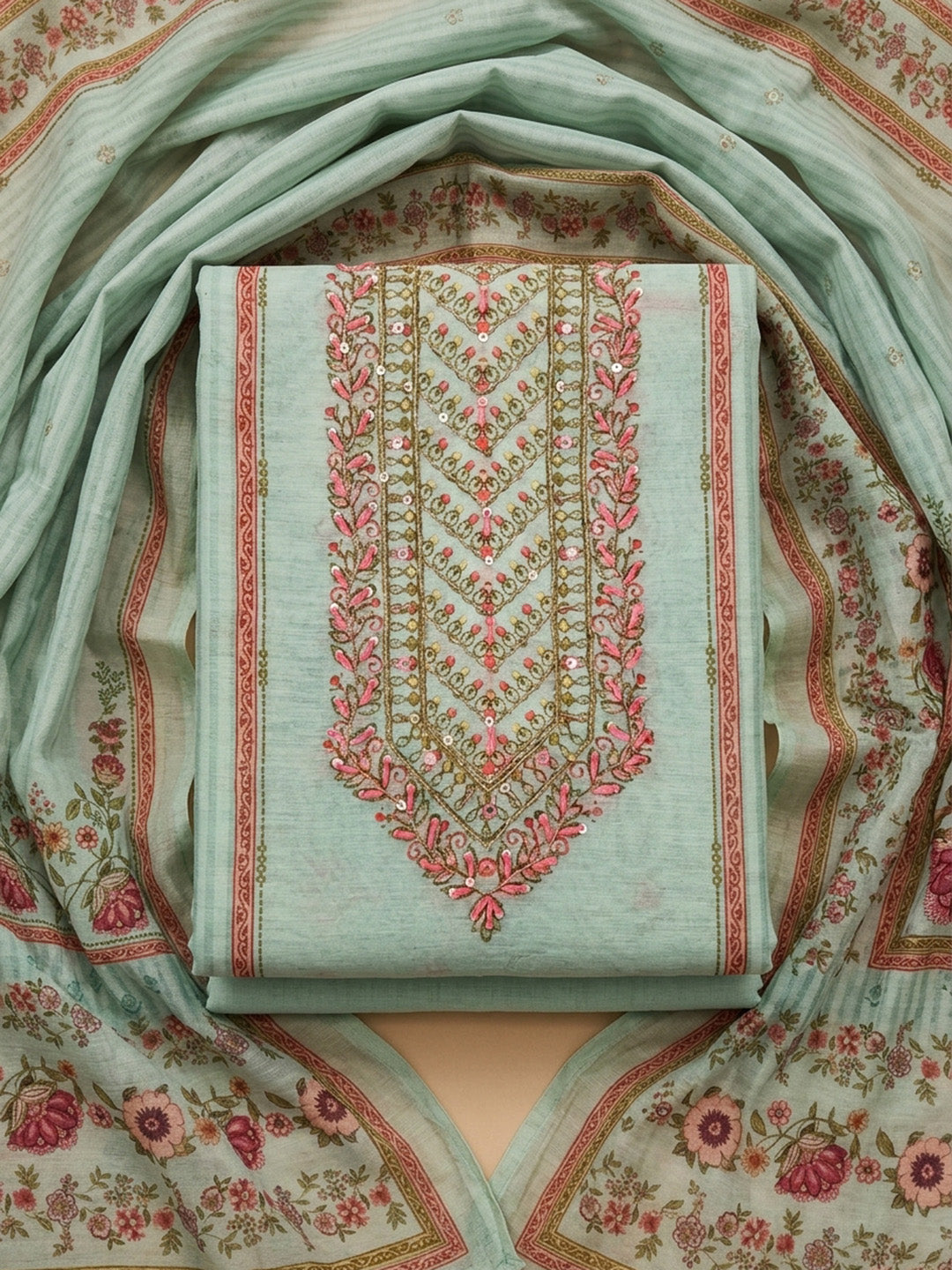 Sea Green Embroidery Chanderi Unstitched Dress Material