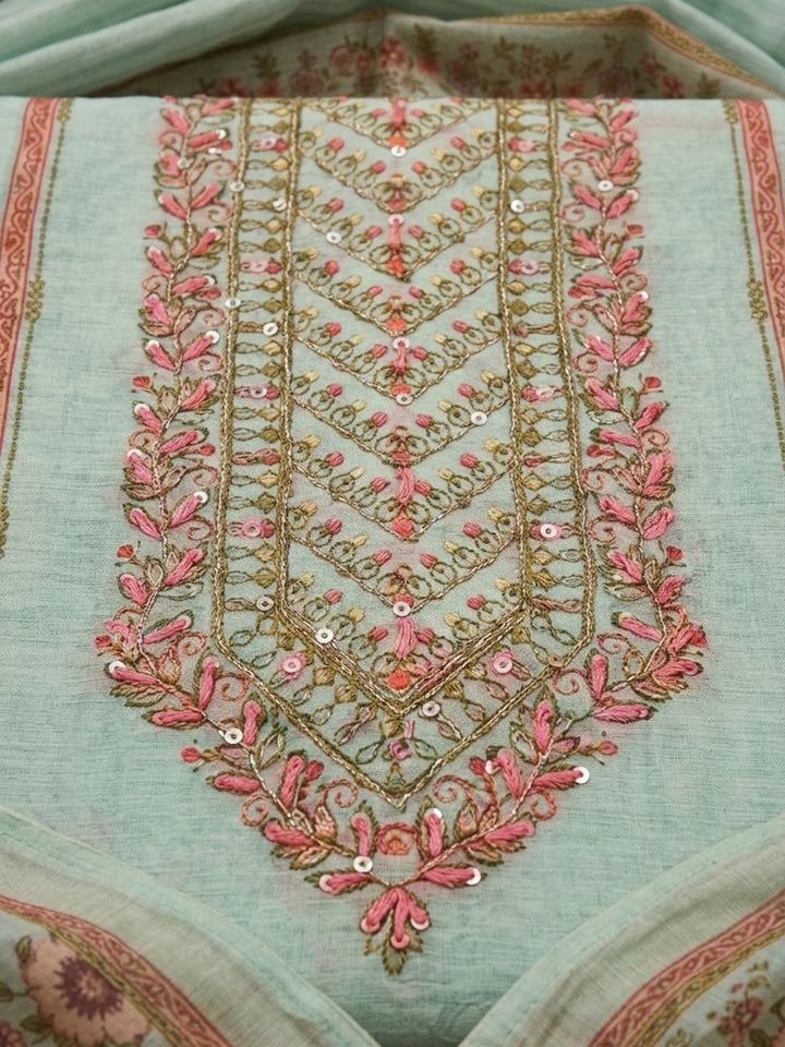 Sea Green Embroidery Chanderi Unstitched Dress Material