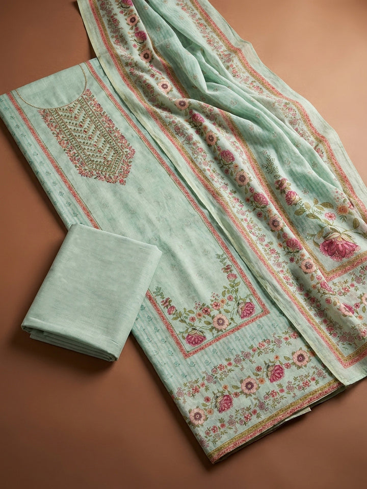 Sea Green Embroidery Chanderi Unstitched Dress Material