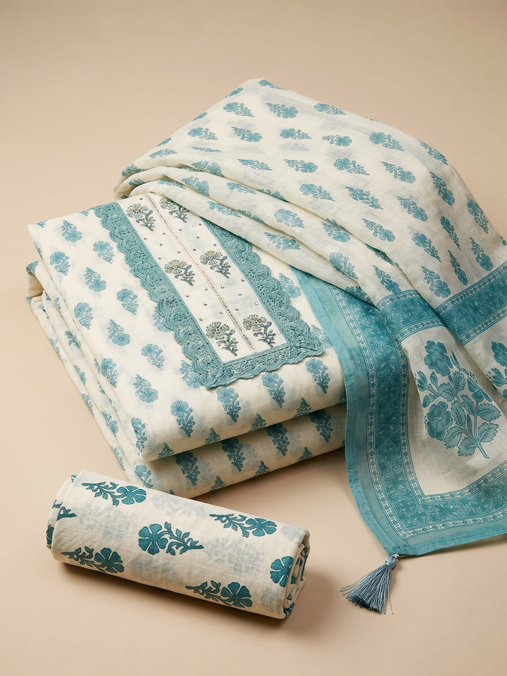 Cream Blue Printed Cotton Blend Unstitched Suit &amp; Pant With Cotton Dupatta