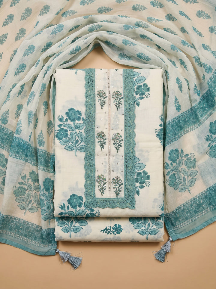Cream Blue Printed Cotton Blend Unstitched Suit &amp; Pant With Cotton Dupatta
