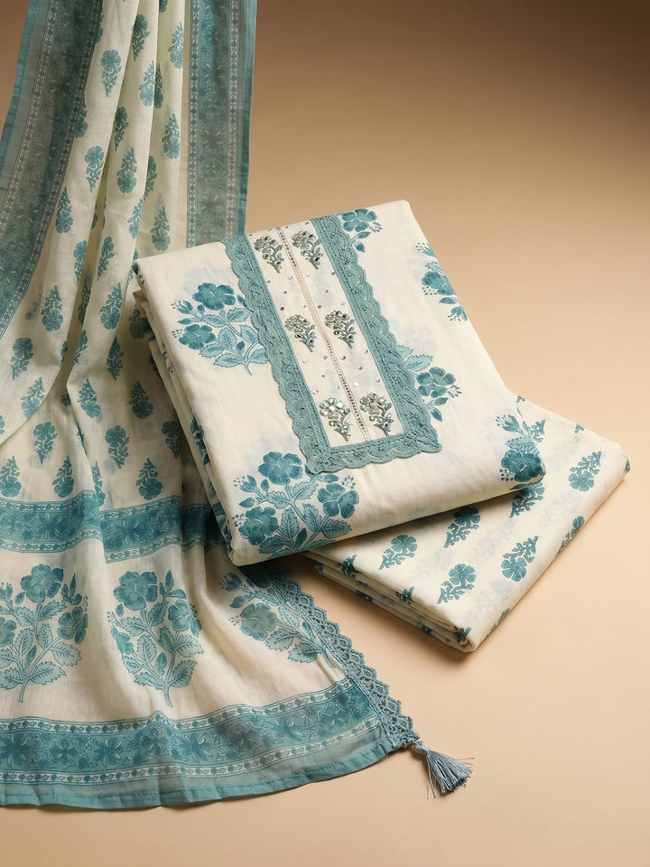 Cream Blue Printed Cotton Blend Unstitched Suit &amp; Pant With Cotton Dupatta
