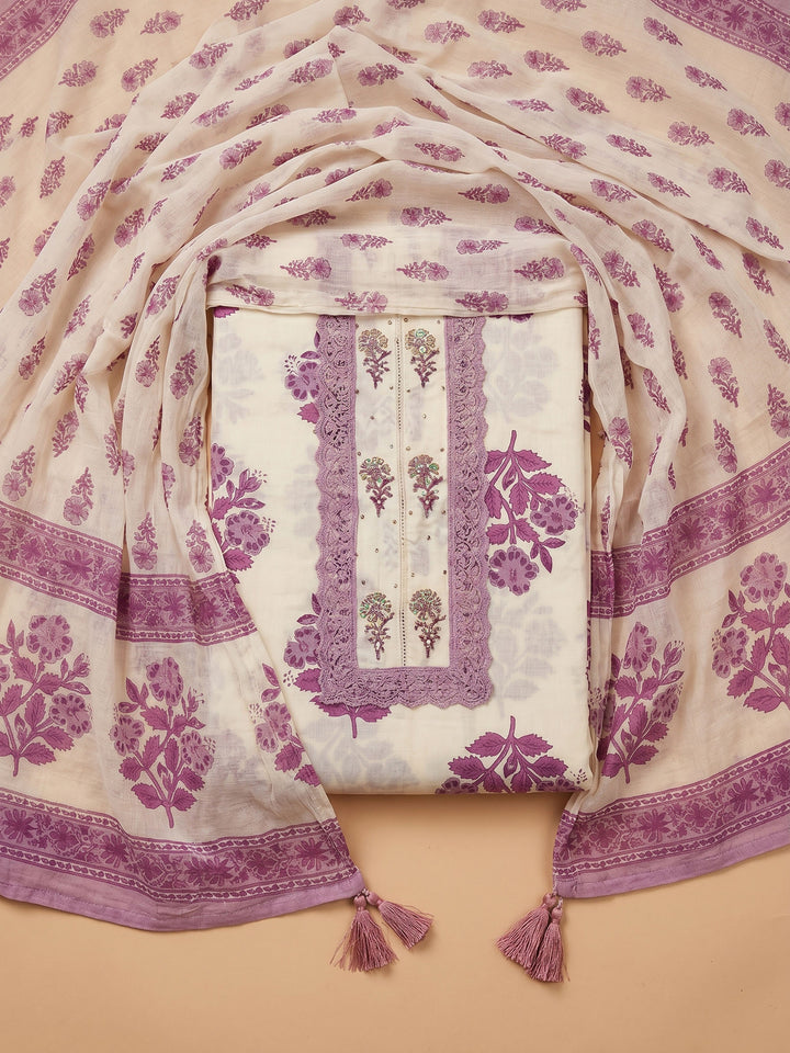 Cream Lavender Printed Cotton Blend Unstitched Suit &amp; Pant With Cotton Dupatta