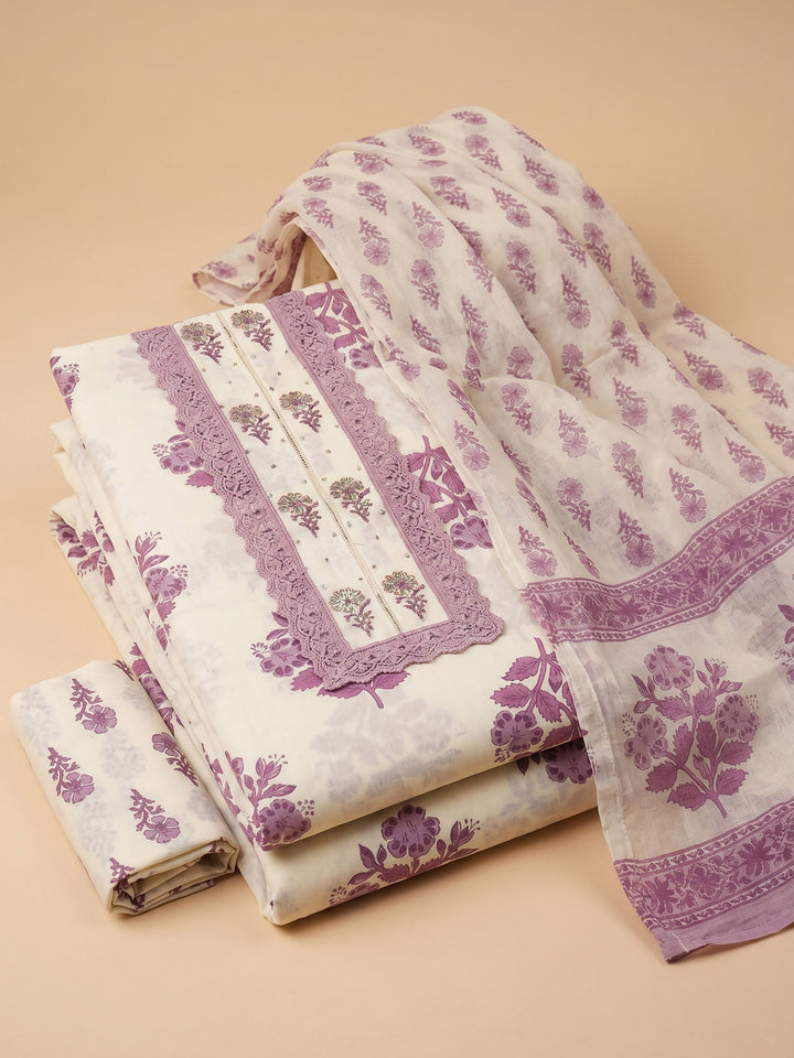 Cream Lavender Printed Cotton Blend Unstitched Suit &amp; Pant With Cotton Dupatta