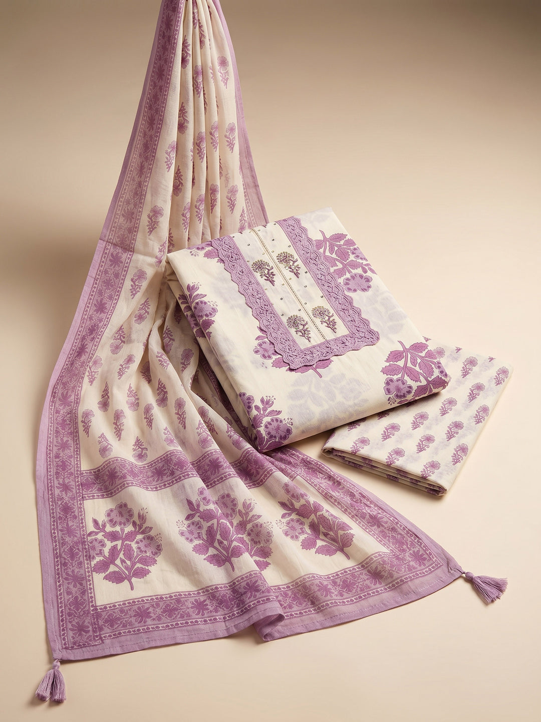 Cream Lavender Printed Cotton Blend Unstitched Suit &amp; Pant With Cotton Dupatta