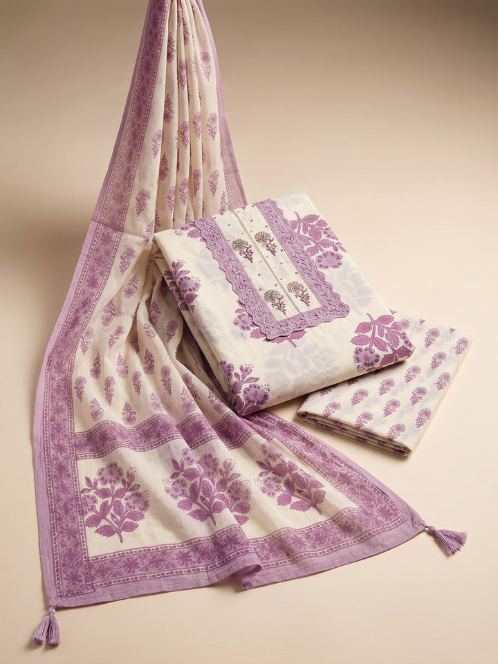 Cream Lavender Printed Cotton Blend Unstitched Suit &amp; Pant With Cotton Dupatta