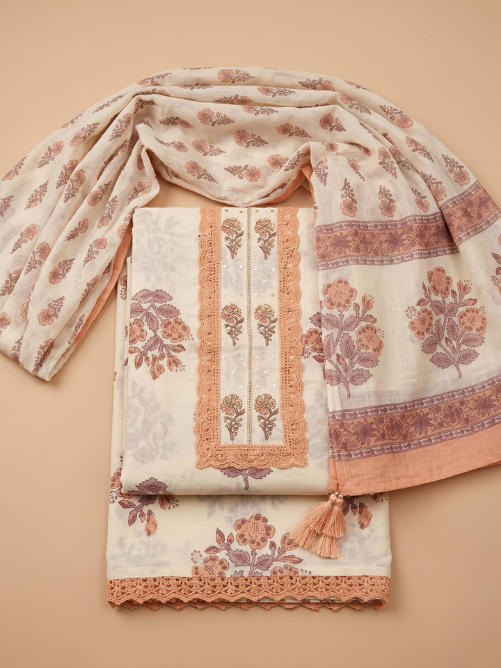 Cream Peach Printed Cotton Blend Unstitched Suit &amp; Pant With Cotton Dupatta