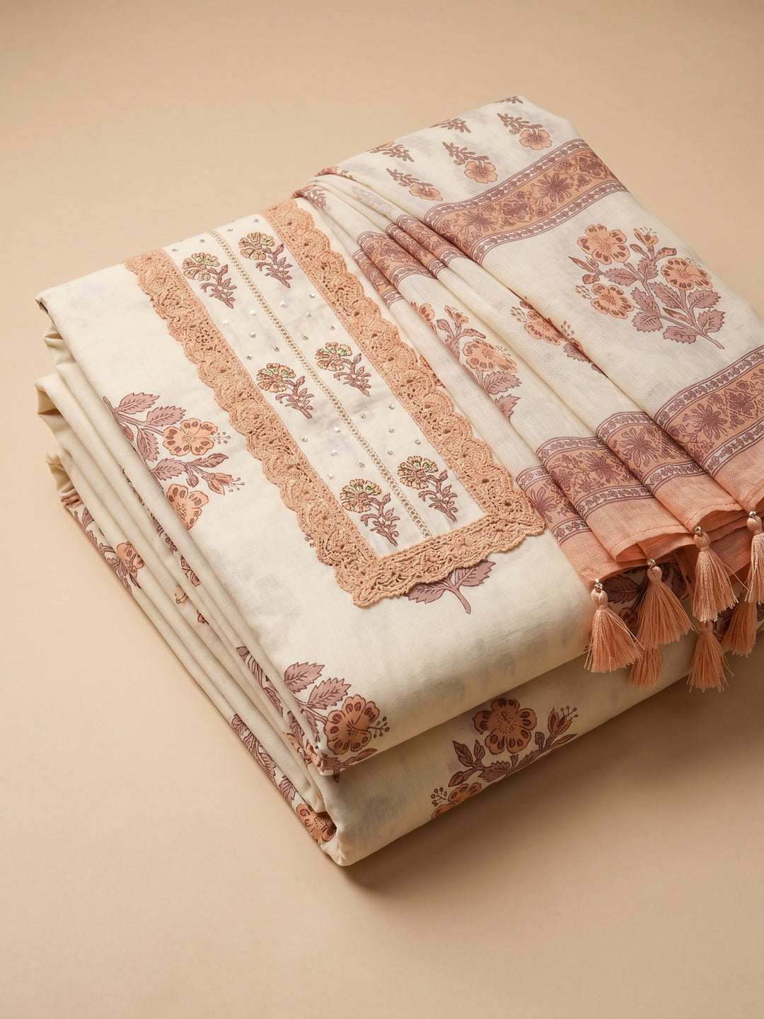 Cream Peach Printed Cotton Blend Unstitched Suit &amp; Pant With Cotton Dupatta