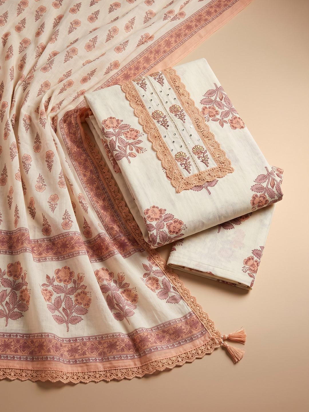 Cream Peach Printed Cotton Blend Unstitched Suit &amp; Pant With Cotton Dupatta