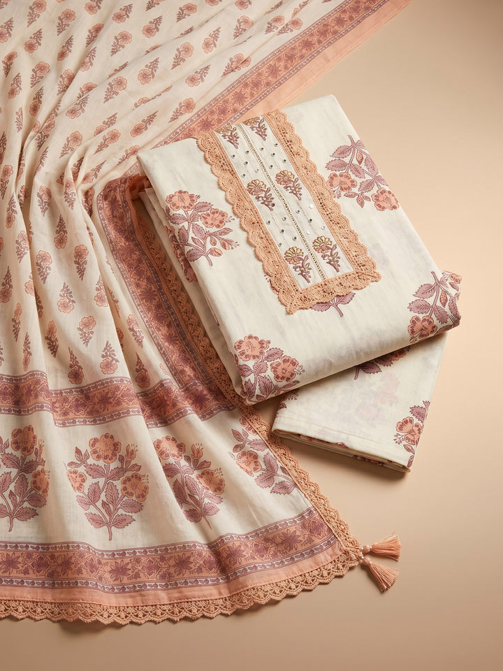 Cream Peach Printed Cotton Blend Unstitched Suit &amp; Pant With Cotton Dupatta