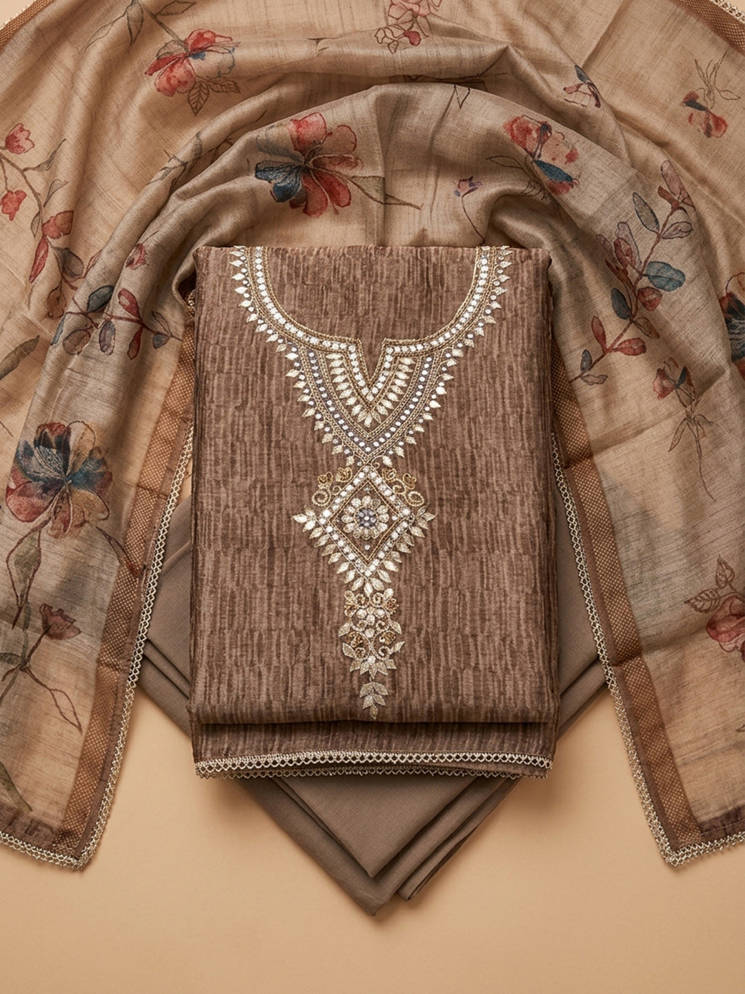 Brown Embroidery Chanderi Unstitched Dress Material