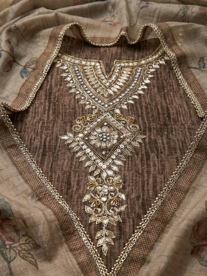 Brown Embroidery Chanderi Unstitched Dress Material