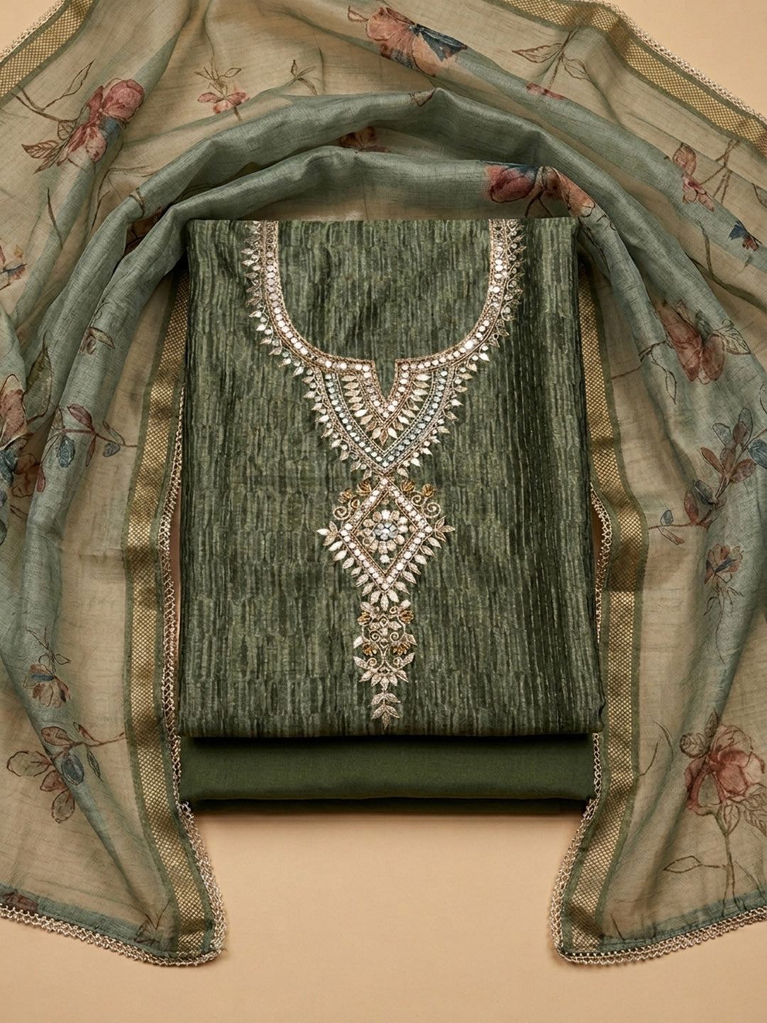 Green Embroidery Chanderi Unstitched Dress Material