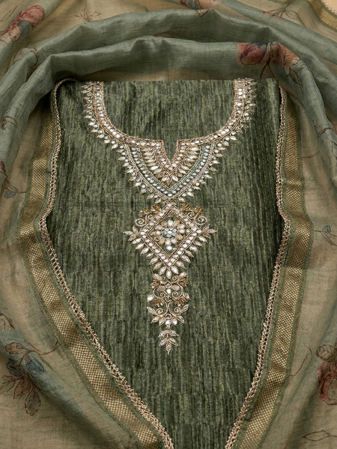Green Embroidery Chanderi Unstitched Dress Material