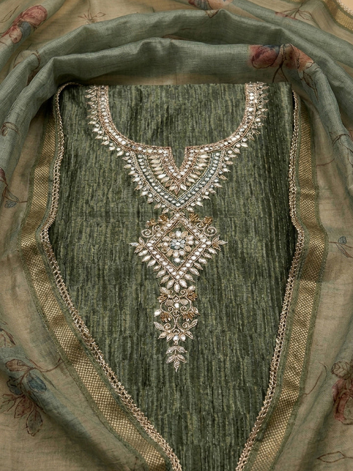 Green Embroidery Chanderi Unstitched Dress Material