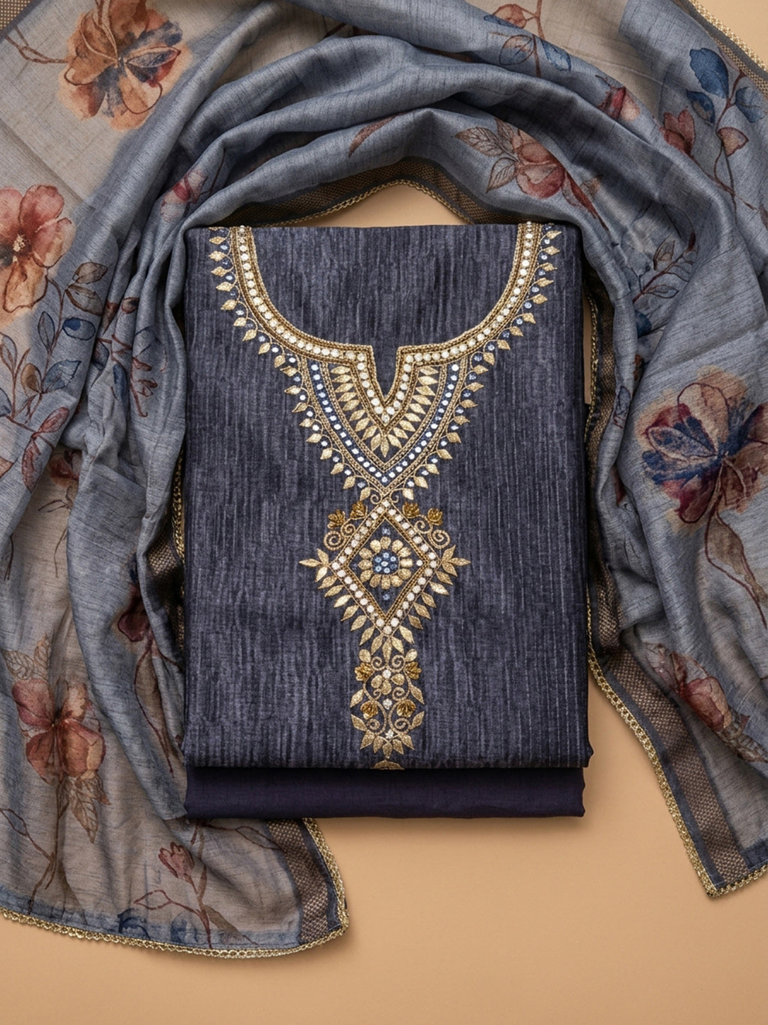 Navy Blue Embroidery Chanderi Unstitched Dress Material