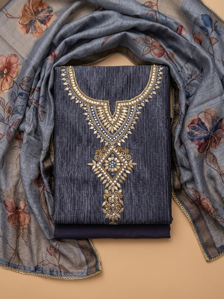 Beige Printed Chanderi Unstitched Dress Material